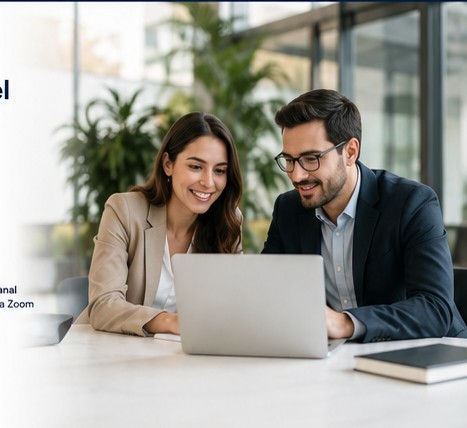 Profesionales revisando información del posgrado en una laptop