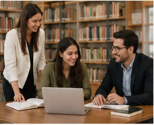 Profesionales en contexto académico dentro de una biblioteca